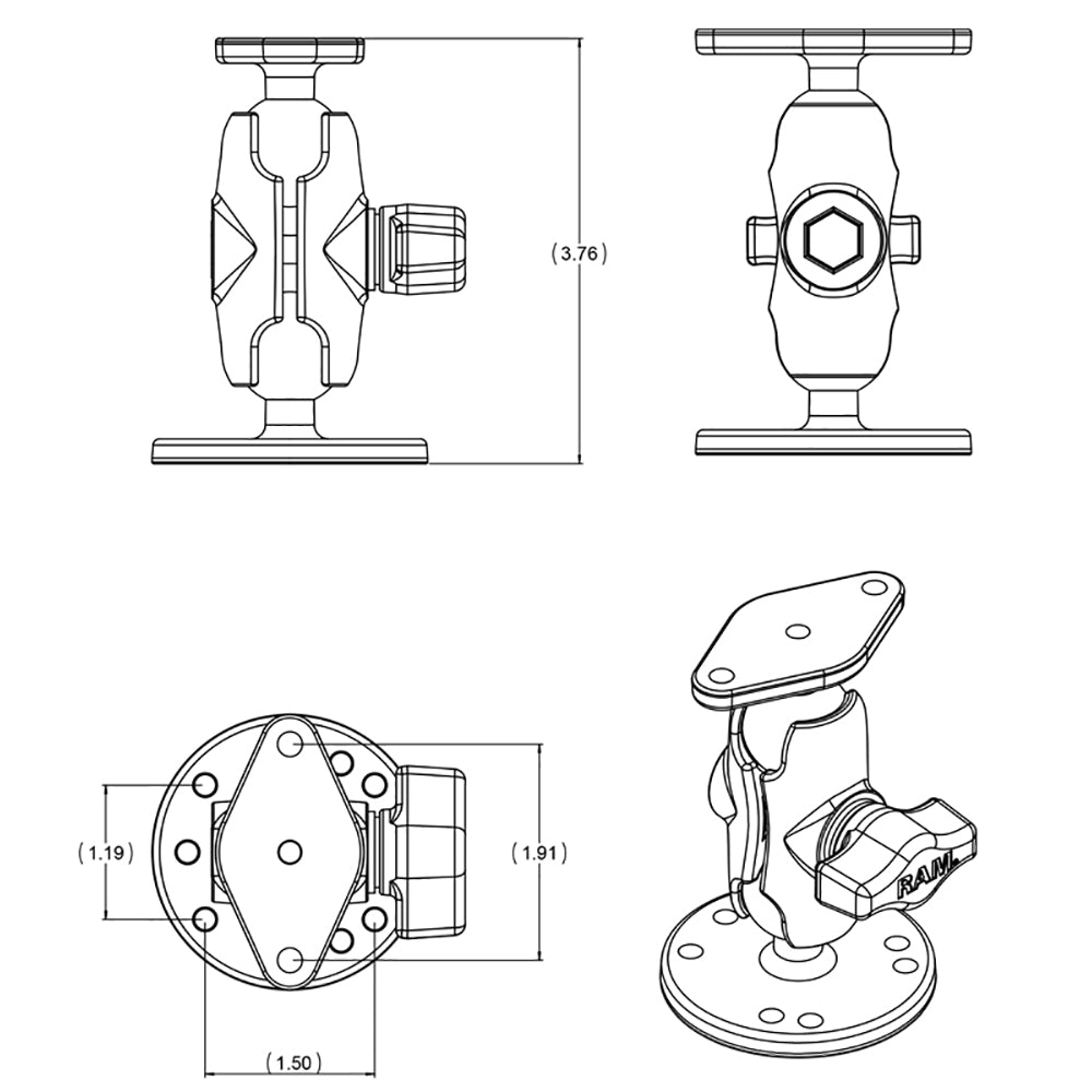 RAM Mount Flat Surface Mount Short Arm wDiamond Base RAMB138UA